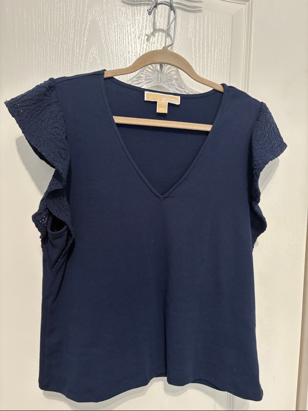 Michael Kors Navy V-Neck Tank with Lace Flutter Sleeves